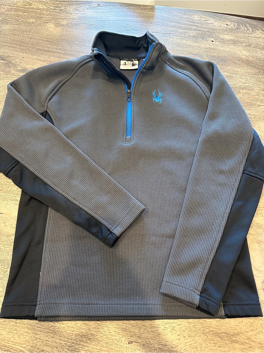 Men’s Spyder Outbound Charcoal Gray Blue Black Waffle Fleece Quarter Zip M